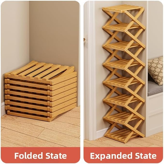 Bamboo Shoe Rack Organizer, 2-10 Tiers, Natural or Tea Color, No-Tool Assembly, Foldable Storage Shelf (Installation Free 10 Layers 30-Primary Colors)