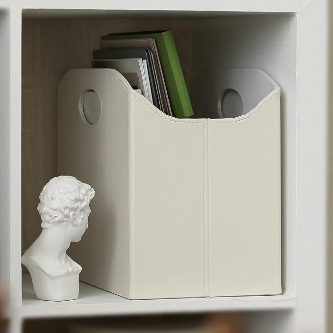 EZDeco Magazine Holder Foldable Magazine Rack Floor PU Leather File Holder Newspaper Book Storage Magazine Basket Document File Folder Organizer for Office Home (Off-White-2)