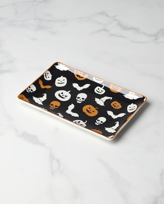 Oneida Serveware, Vintro Halloween Hors D'Oeuvres Tray, Made of Porcelain, Dishwasher Safe, Halloween Decor Indoor, Spooky Party Table Decorations, Fall Decor, Rectangular (1 Piece, 9.75 x 6.25-Inch)