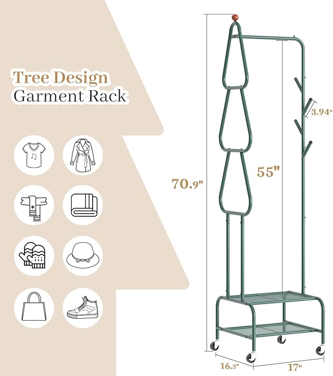 Clothes Rack, Metal Garment Rack with Wheels and Shelves, Rolling Portable Clothing Racks for Hanging Clothes, Freestanding Storage Solution for Small Spaces (Deep Green)