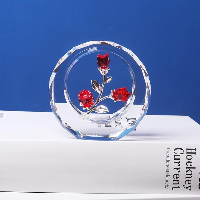 LONGWIN Crystal Tulips Flower Figurines with a Outer Circular Ring, Glass Spring Bouquet Collectible Figurines Home Decor Ornaments Ruby