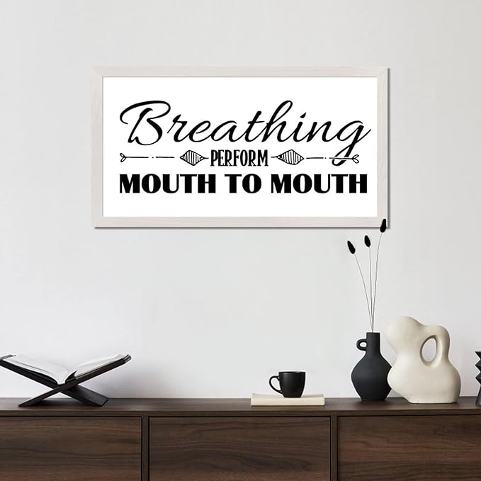 Country Style 12x22in Wooden Wall Plaque with Inspirational Quotes Breathing Perform Mouth to Mouth Family Lettering White Frame Wooden Plaque for Bathroom Farmhouse Porch Cottage Wall Decor