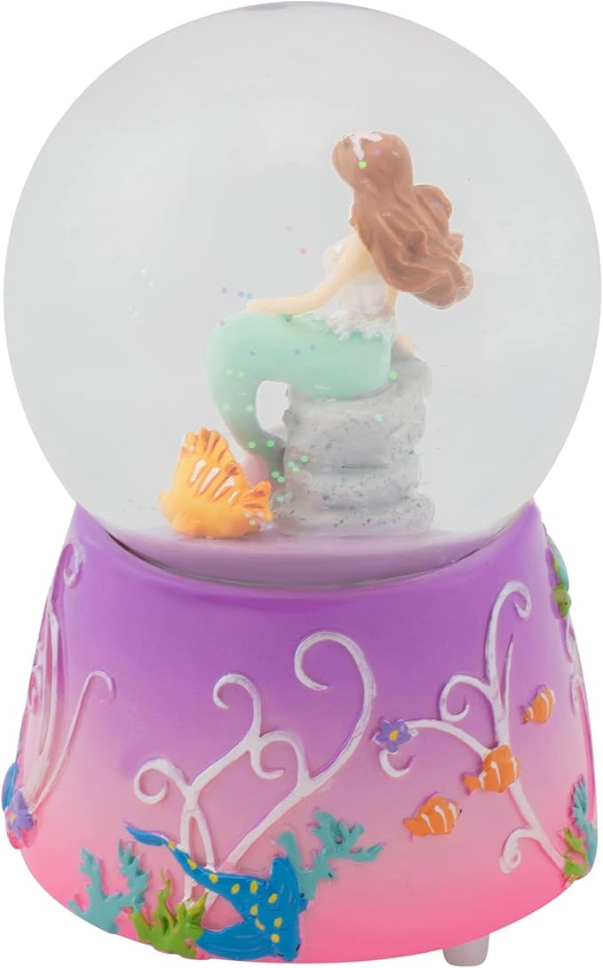 Elanze Designs Mermaid and Fish on Lilac Wind Up Musical 80MM Sturdy Glitter Water Snow Globe Tabletop Dresser Nightstand Figurine Decoration Plays Tune by The Beautiful Sea
