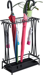 10-Hole Umbrella Holder Stand with 8 Hooks - Removable Drip Tray Umbrella Rack for Entryway, Home & Office Storage Solutions
