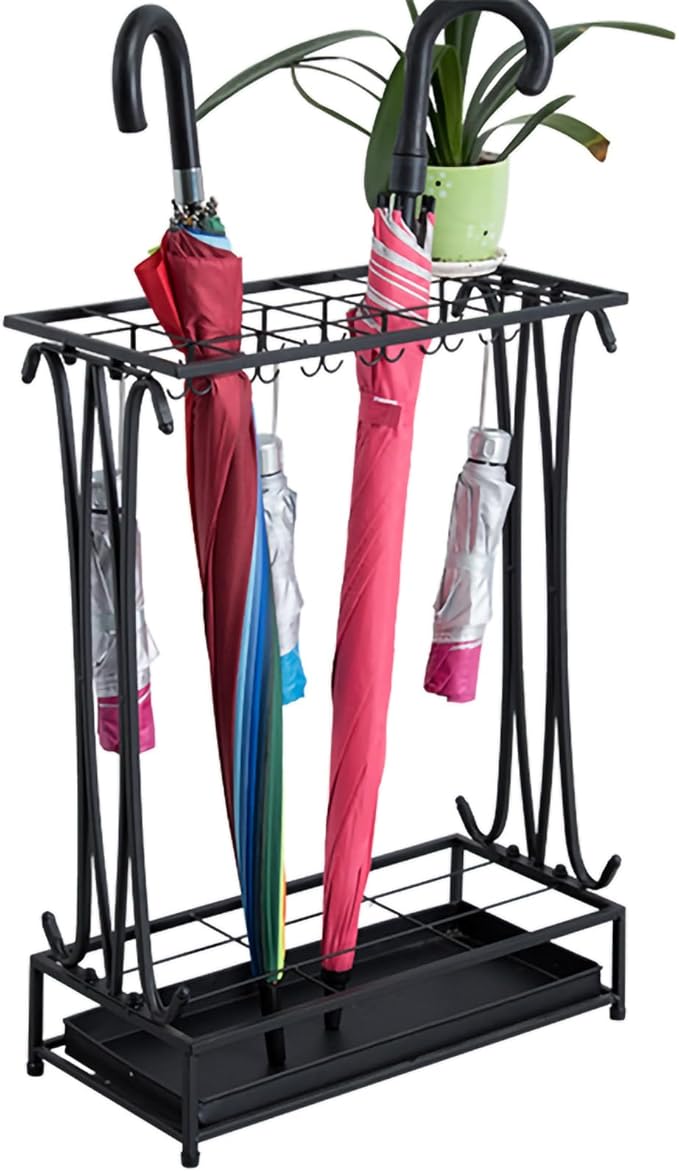 10-Hole Umbrella Holder Stand with 8 Hooks - Removable Drip Tray Umbrella Rack for Entryway, Home & Office Storage Solutions