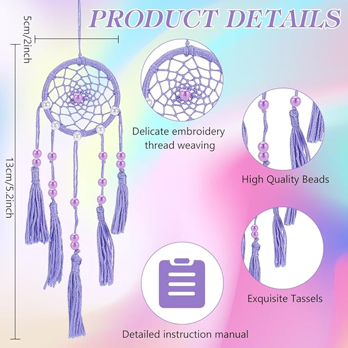INFUNLY 24 Set DIY Small Dream Catcher Kit Candy Colors Round Mini Dream Catcher Kit Handmade Dreamcatcher Kit with Instructions Boho Hanging Ornament Making Kit for Bedroom Car Mirror Keychain Bag