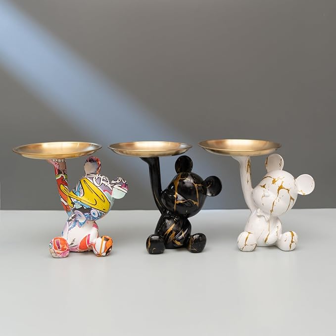 Key Holder Bowl Tray for Office Desk, Decorative Animal Bear Sculpture Home Decor Statue, Storage Tray for Entryway Table (Graffiti)