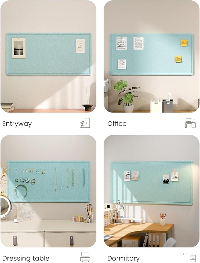 Fluxynara Bulletin Board, 35" x 17.5" Cork Board Alternative with 12 Safe Removable Adhesive Tabs, Foldable Felt Pin Board for Home Office, Classroom, Bedroom,Entryway for Walls—Aqua Blue