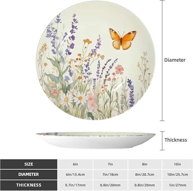 Butterfly Pattern Decorative Ceramic Plate Round Porcelain Plate 6 inch,Flower Watercolor Theme,for Bedroom Living Room Bathroom Party Kitchen Home Wall Hanging Decor,Orange Purple