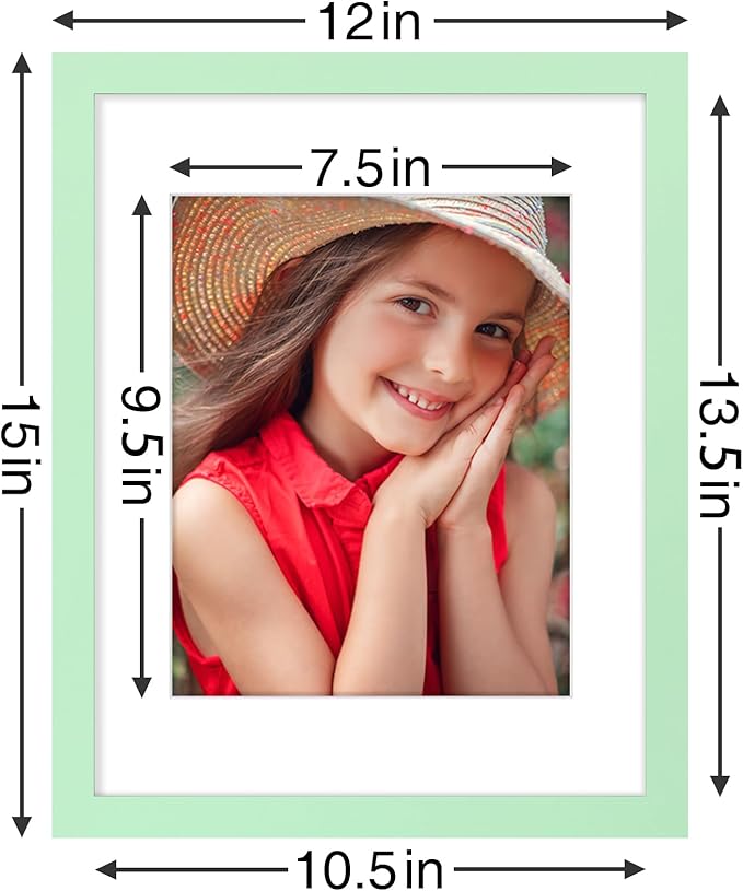 Vittanly 11x14 Picture Frames Set of 9, Shatter Resistant Plexiglass, Display 8x10 Pictures with Mat or 11x14 without Mat, Photo Frames for Wall or Tabletop, Engineered Wood, Light Green