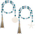 Janinka 2 Pcs Farmhouse Seashell Bead Garland with Tassels Decorative Beads Decor Nautical Farmhouse Tiered Tray Decorations Set Coastal Garland for Home and Kitchen, Wooden Beads(White)