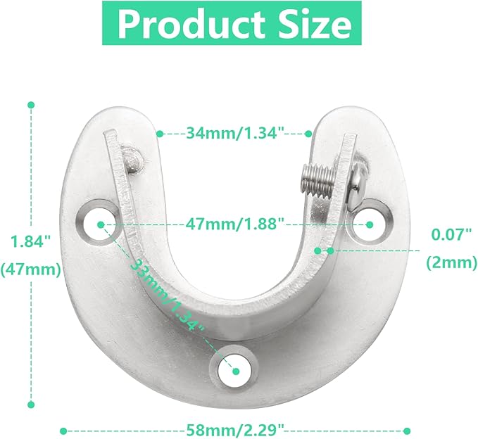 4PCS Heavy Duty Stainless Steel Rod Brackets - 1-1/3 Inch Diameter, U & Round Closet Rod End Supports, Silver