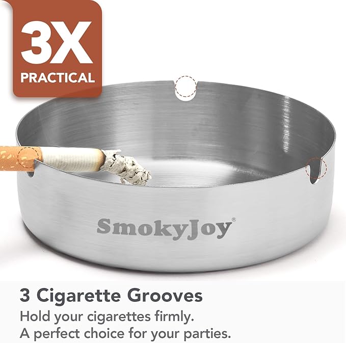 Ashtray with Lid for Outside Patio, 2 Pack Windproof Ash Tray, Silver Stainless Steel Smokeless Ashtray for Outdoor Home Office Tabletop Patio Outdoor Balcony, Meidium