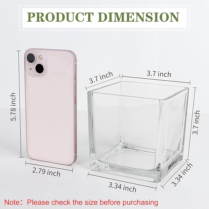 Set of 6 Square Glass Vases 4" x 4" x 4", Clear Flower Vase, Plant Terrarium, Candle Holder for Wedding Centerpiece, Office Decorations, Home Décor, Parties and Events