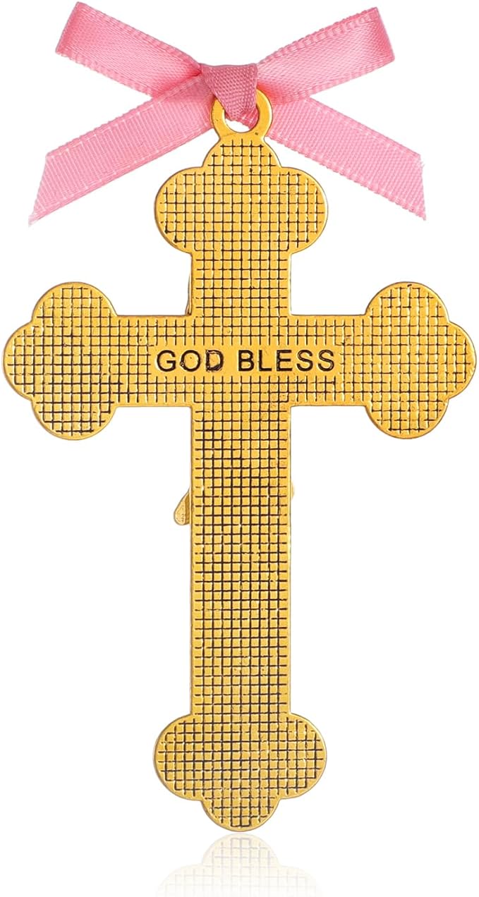 KOMI Baptism Gifts for Girls Pink Enamel Baby Wall Cross Christening Gifts Praying Girl Cross Christening and Dedication Baptismal Gifts from Godmother