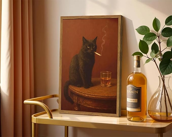 Framed Funny Black Cat Wall Art, Vintage Moody Cat Pictures Wall Decor, Humor Cool Animal Paintings Canvas Prints for Living Room Bedroom Bathroom Bar 12x16 inch
