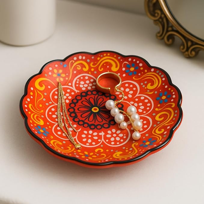 4-Piece 5-Inch Handmade Turkish Ceramic Plate Set – Wall & Table Decor & Jewelry/Ring Dish – Decorative Rings & Jewelry Tray Set