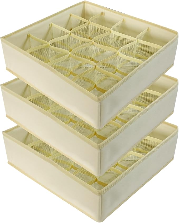 3 Pack Sock and Underwear Drawer Organizer 16 Cell Sock Holders For Closet Organization and Storage Dividers,Foldable(Beige)