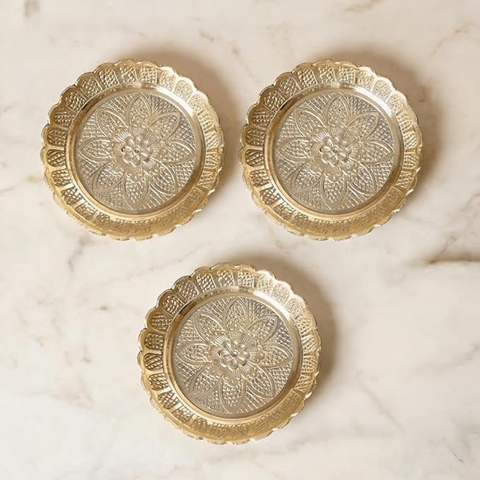 Shubhkart Solid Brass Decorative Nakshi Plate Set for Puja, Decoration & Diwali Gifting (Large 11 cm, Pack of 3, Solid Brass)