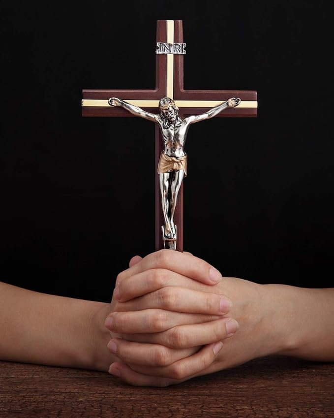 KUXBET Standing Crucifix Cross with Detachable Stand 10.6 Inch Catholic Wooden Jesus Christ Wall Hanging Cross for Home Decor - Antique Gold (10.6" L x 5.2" W)