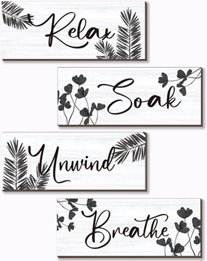 4 Pcs Farmhouse Bathroom Wall Decors Relax Soak Unwind Breathe Wooden Word Sign Black Hanging Wall Art Rustic Office Wall Decor for Bedroom Living Room Vintage Decorations(Black Leaves 10X4 Inch)