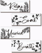 4 Pcs Farmhouse Bathroom Wall Decors Relax Soak Unwind Breathe Wooden Word Sign Black Hanging Wall Art Rustic Office Wall Decor for Bedroom Living Room Vintage Decorations(Black Leaves 10X4 Inch)