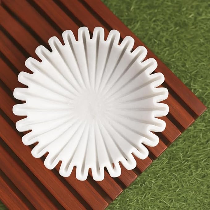 SWADESHI BLESSINGS HandCrafted Marble Ruffle Bowl/Antique Scallop Bowl/Fruit Bowl/Vintage Ring Dish/Decorative Flower Dish/HouseWarming Gift/Wedding Gifts/Urli (8 Inches)