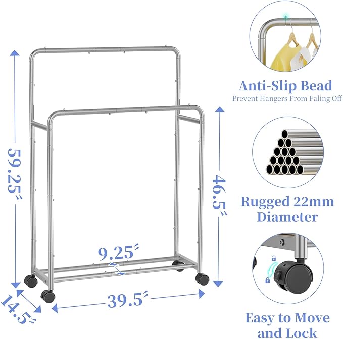 Simple Trending Clothing Clothes Rack Double Rods with Wheels, Rolling Metal Garment Rack for Hanging, Silver
