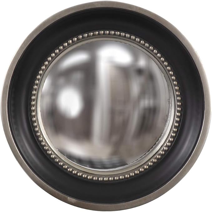 Howard Elliott Patterson Convex Round Hanging Accent Wall Mirror, Matte Black and Silver Leaf, for Bedroom Entrway or Any Room, 16 Inch