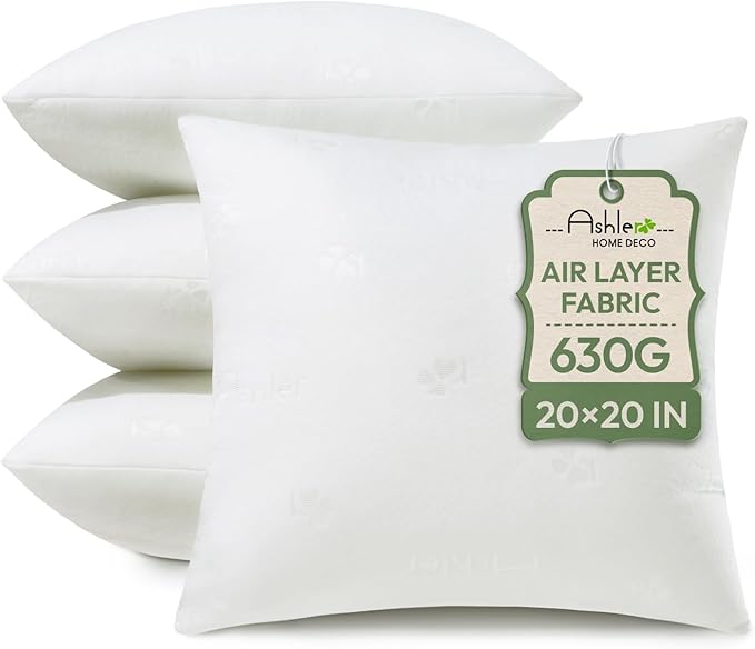 Ashler Throw Pillows Insert- 20x20 Pillow Inserts with Air Layer, Premium Bed and Couch Pillows - Indoor Decorative Throw Pillow, Square Cushion Sham Stuffer, Pack of 4, White