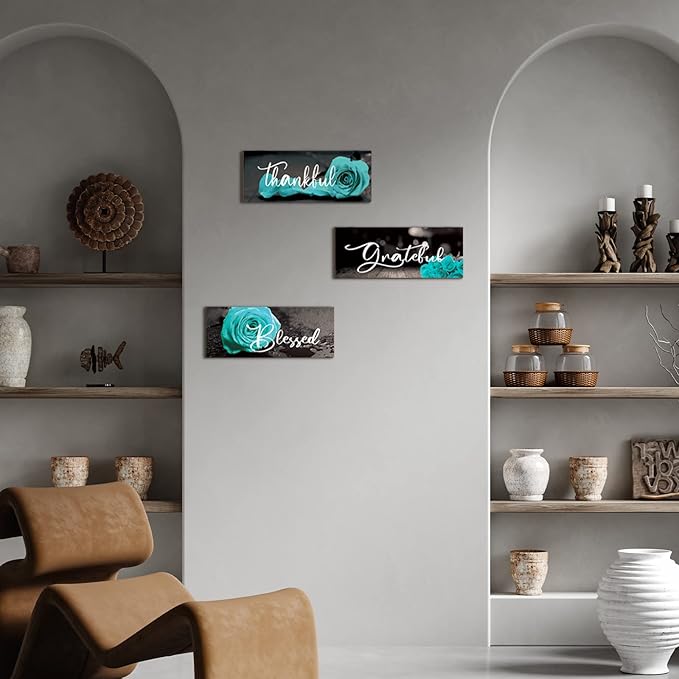 Hillban 3 Pieces Rose Wooden Wall Decor Rose Bathroom Decor Thankful Grateful Blessed Accessories Inspirational Wall Art Signs for Living Room Kitchen Wedding(16 x 6 Inch,Teal)