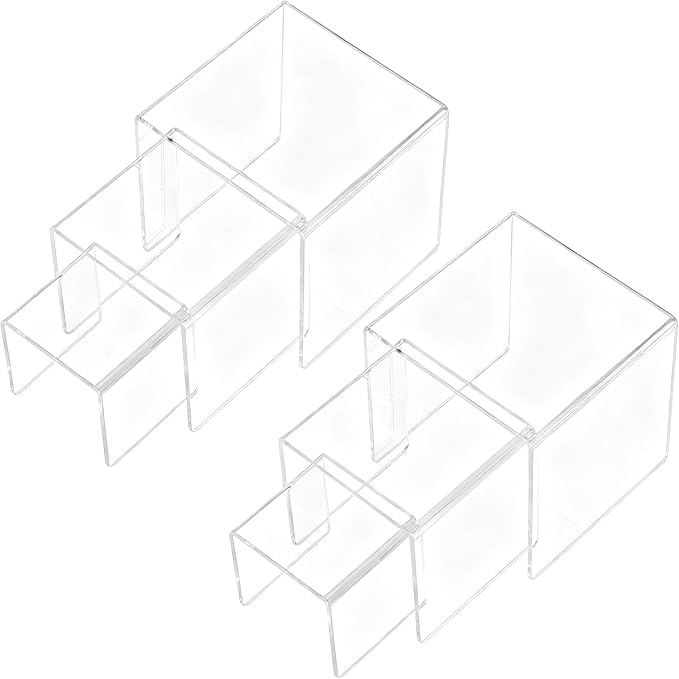 Chuangdi 2 Sets Acrylic Display Risers, Product Stand, Jewelry Display Riser Shelf Showcase Fixtures for Dessert Cupcake Candy Figure Treat Action Showcase(Clear,Medium Set)