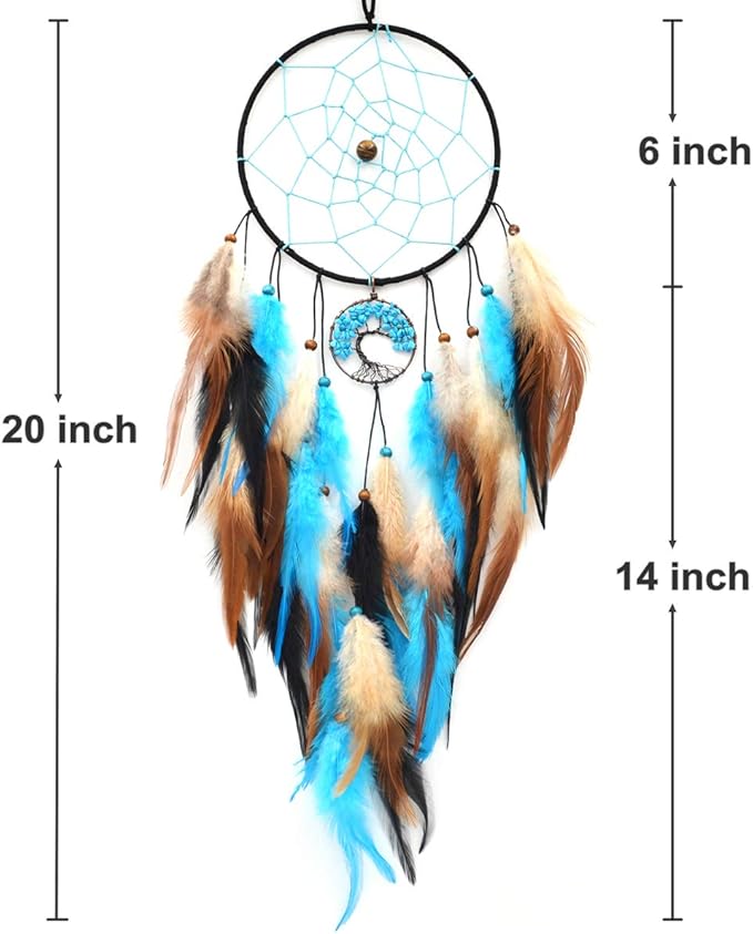Urdeoms Blue Tree of Life Dream Catchers for Bedroom Adult Boho Big Dream Catcher for Boys Girls with Crystal Turquoise Hanging Ornament and Feathers Blessing Gifts(NO.33)