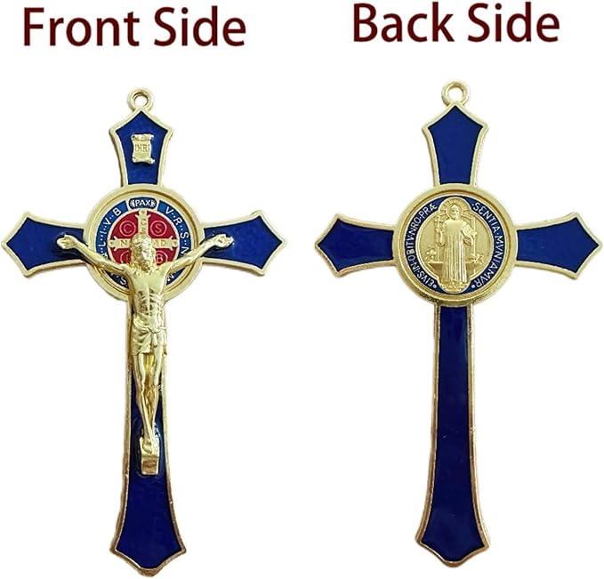Bovemee Saint Benedict Benedictine Red Enamel 4.7X2.7 Inch Protection Wall Crucifix Cross Catholic San Benito Medalla Prayer Decoration (Blue)