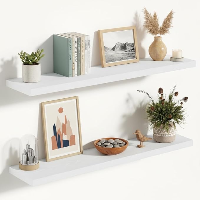 Vivelove 10 in Deep Floating Shelves for Wall, 36" x 10.2" x 1.5" Shelves for Room Wall Mounted, 1.5 Inch Thick Shelf for Bathroom Bedroom Kitchen Book Room, Modern Farmhouse Decor, Set of 2, White
