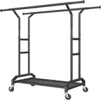 Heavy Duty Clothes Rack Double Clothing Rack 450lbs Capacity 3" Industrial Wheels 51"-71" L X 19.7" D X 73"-79" H Stury Rolling Clothes Rack Adjustable Rolling Garment Rack Black