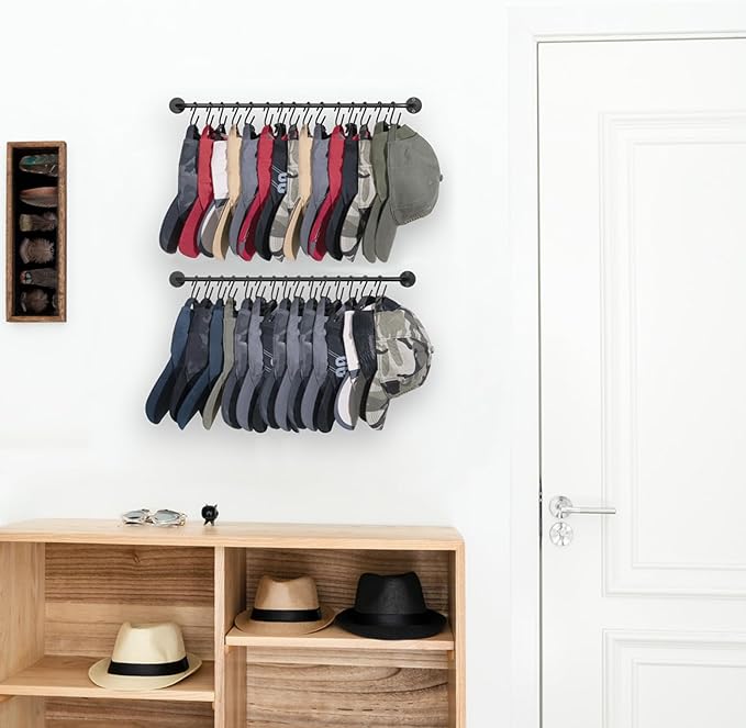 Mkono Hat Rack for Wall Baseball Cap Organizer Hanger with 30 Hooks Modern Metal Hat Holder Wall-Mounted Caps Display for Closet Door Bedroom Entryroom Laundry, Set of 2 (Black, Medium)
