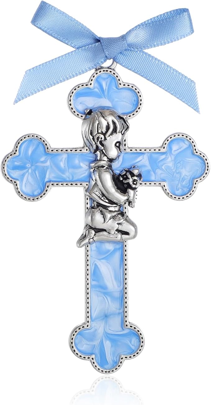 KOMI Baptism Gifts for Boys Blue Enamel Baby Wall Cross Christening Praying Boy Cross Christening and Dedication Baptismal Gifts from Godparents