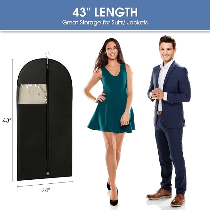 Suit Bags for Closet Storage, 43'' Garment Bags for Hanging Clothes, Suit Garment Bag, Black Suit Cover Bags with Clear Window for Coats, Jackets, Shirts（5 Packs）