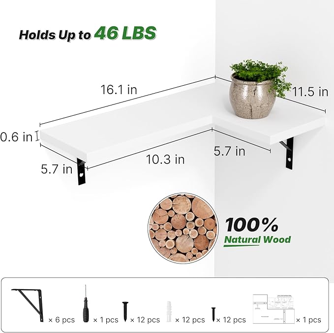 NATURE'S SOURCE Corner Floating Shelves Set of 4, Corner Shelves Wall Mounted, for Bedroom Kitchen Living Room Bathroom Office- Modern Style (White, Set of 4)