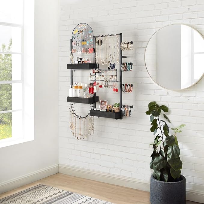 Keebofly Wall Mount Hanging Jewelry Organizer - Large Display Holder for Earrings, Rings, Necklaces, Bracelets, Watches and Perfume - Black