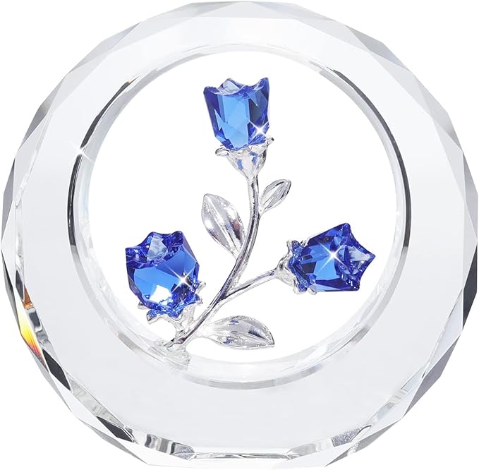 LONGWIN Crystal Tulips Flower Figurines with a Outer Circular Ring, Glass Spring Bouquet Collectible Figurines Home Decor Cobalt Blue
