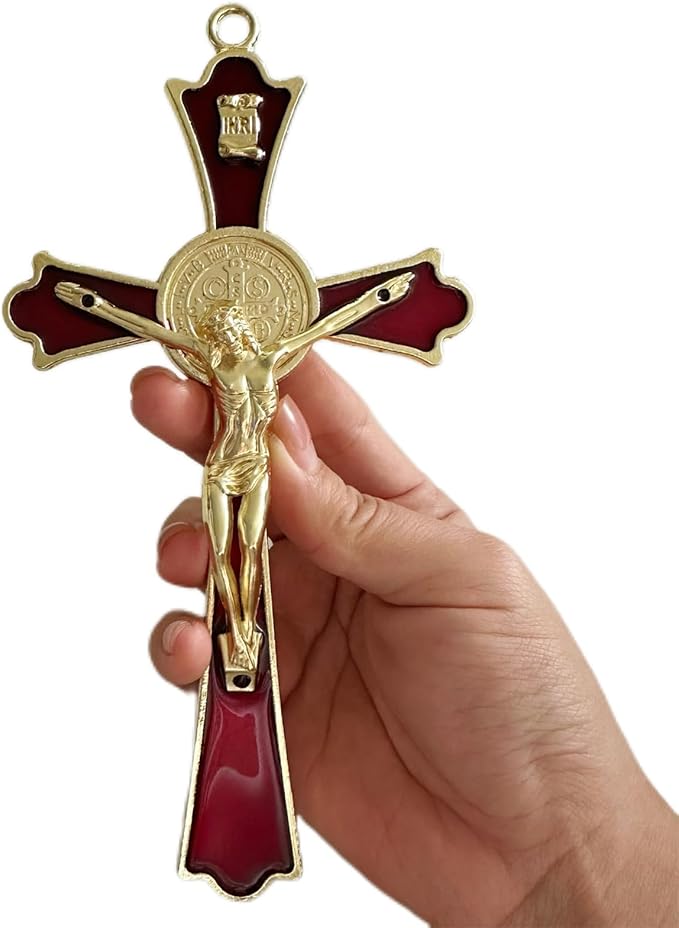 BONITTER Golden St Benedict Crucifix Metal Wall Art, 7.8x4.1 Inch Cross, Blue/White/Black/Red Wall Decor, Saint Benedic Cross for Home Decoration, Catholic Gift (Red)