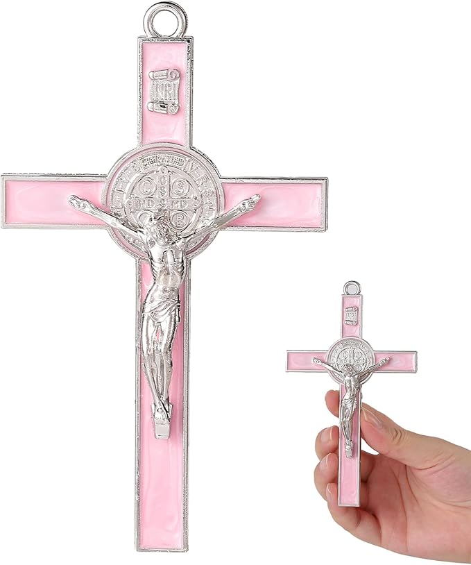 VINETEN Crucifix - Saint Benedict Crucifix Wall Cross Give Blessing and The Spiritual Sacred Pink Enamel Wall Cruciifx for Girl 5 Inch