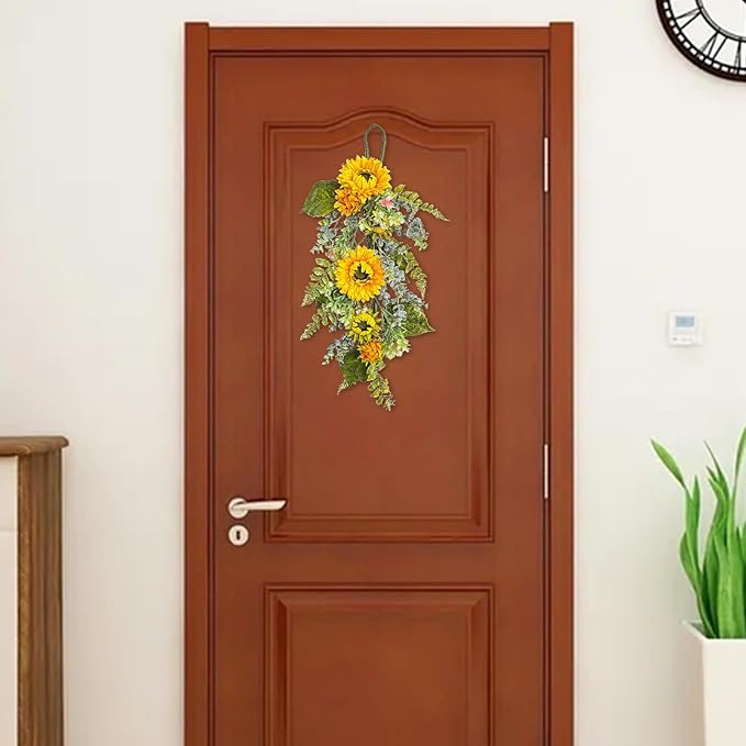 Sunflower Teardrop Swag for Front Door 27.5 Inch Decorative Spring Summer Floral Door Wreath with Yellow Sunflower Spring Summer Greenery Swags Wreath for Wedding Arch Home Party Wall Decor(Yellow)