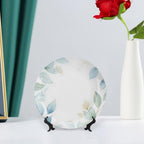 Leaf Theme Decorative Ceramic Plate Round Porcelain Plate,8 inch,Botanical Watercolor Pattern,for Decorative Ornaments Giving Plates,1 Plate with 1 Display Stand,Blue Green