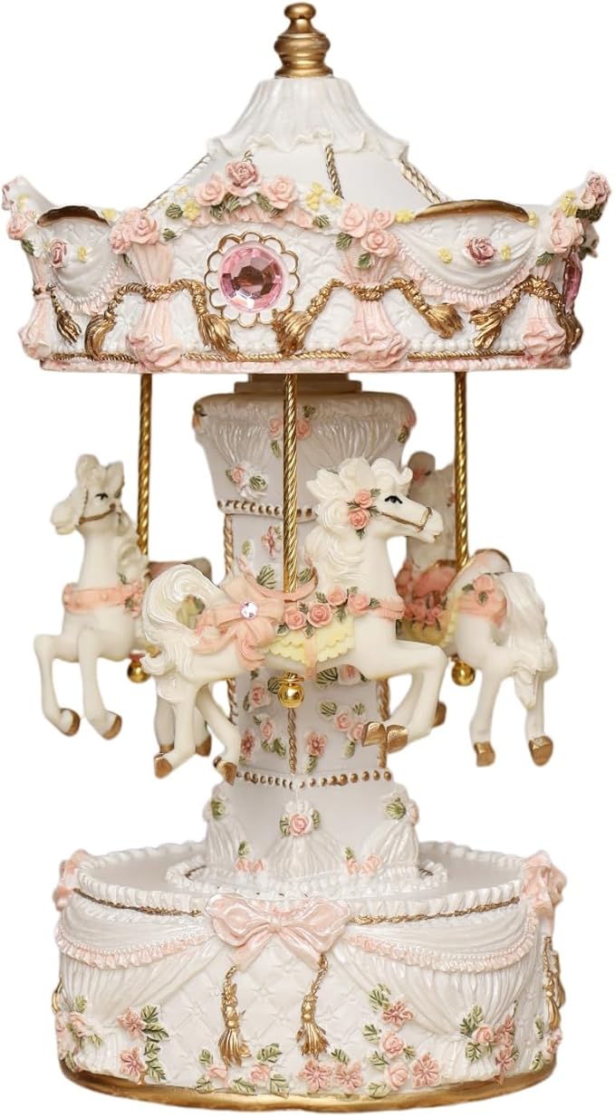 Vintage Carousel Music Box - Rotating Horse Musical Figurine with Rose Floral Design, Ideal Birthday, Christmas, Valentine's Day Gift for Girls, Women, Girlfriend, Mom Home Décor & Gift (Pearl White)