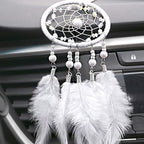 Feather Dream Catcher Pendant, Small Car Charm for Wall & Bedroom Hanging Decorations (White)