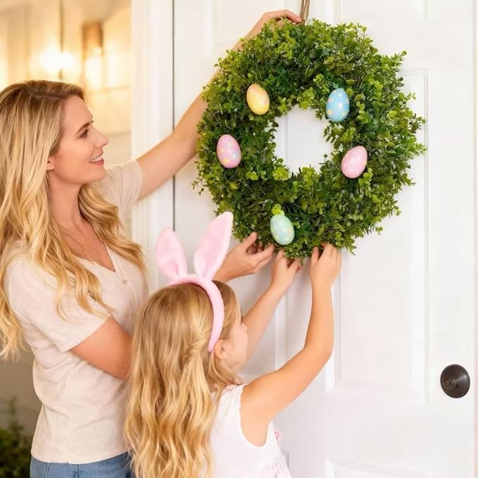 Hiptree 18 Inch Boxwood Wreath for Front Door-Artificial Spring Greenery Indoor Outdoor Wreaths Decorations, Farmhouse Wall Decor-Wedding,Summer, Fall, Winter,Easter, Green All Year Round,DIY Wreaths