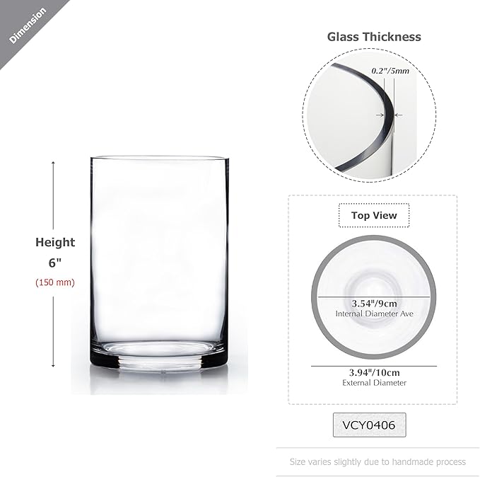 WGVI Quality Thick Weighted Clear Cylinder Glass Vases, 4" W x 6" H, Flower Arrangement Glass Candle Holders Wedding Centerpieces Terrarium Planter Floral Storage Container Pen Brush Holder, 1 Piece